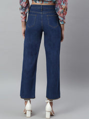 Kotty Women Blue Solid Cotton High Rise Crop Flared Jeans