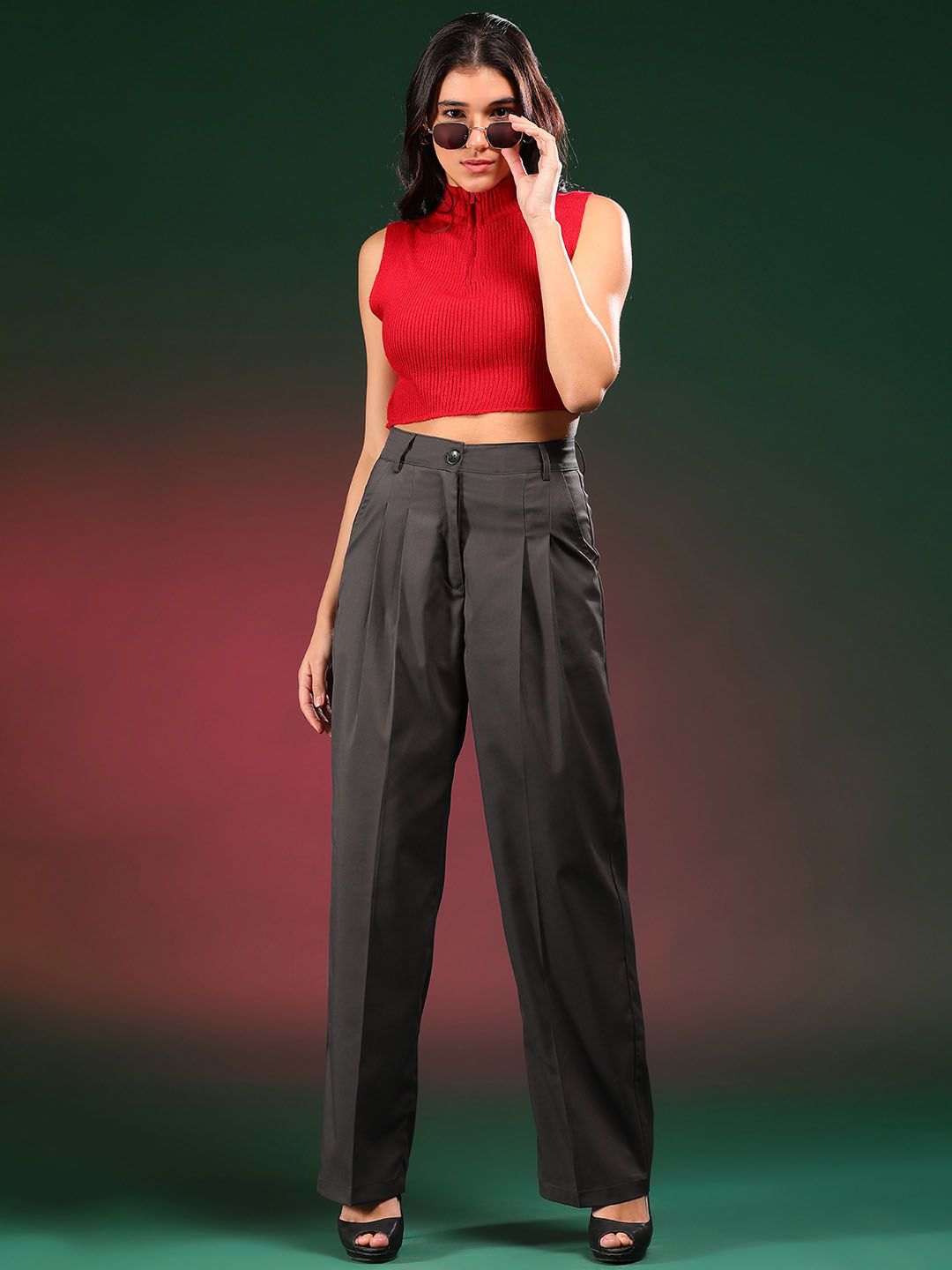 Stylecast X KOTTY BIZwear Women Relaxed Straight Leg Fit High-Rise Pleated Parallel Trouser