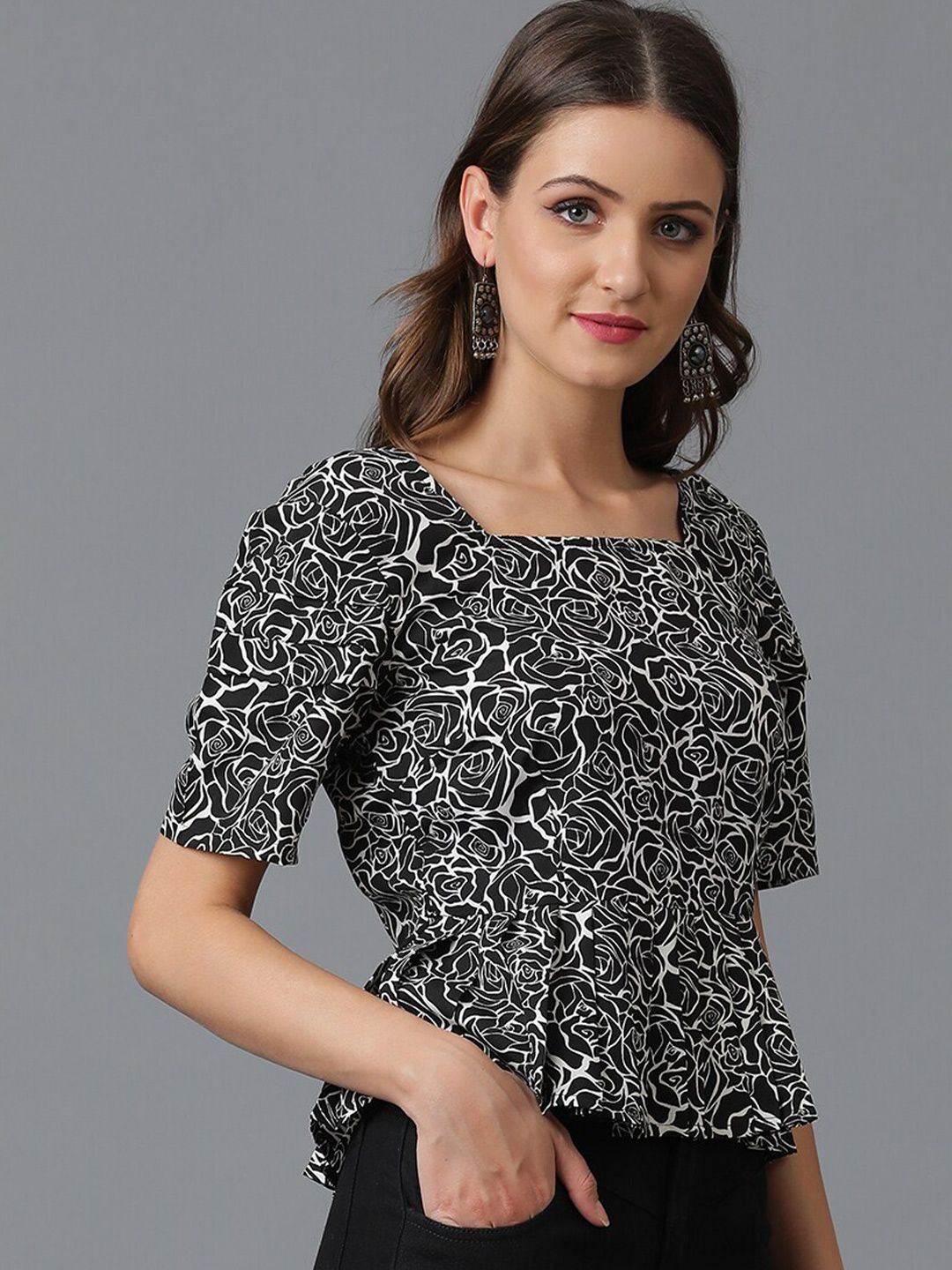 Kotty Black Floral Printed Puff Sleeve Crepe Peplum Top