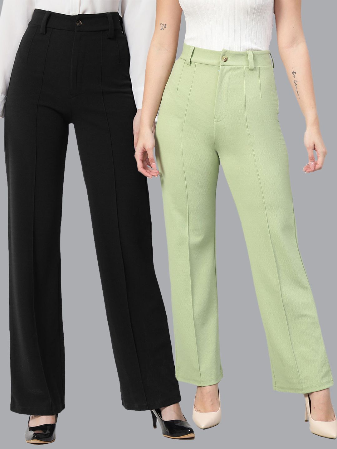 Kotty Women Pack Of 2 Straight Fit High-Rise Easy Wash Parallel Trousers