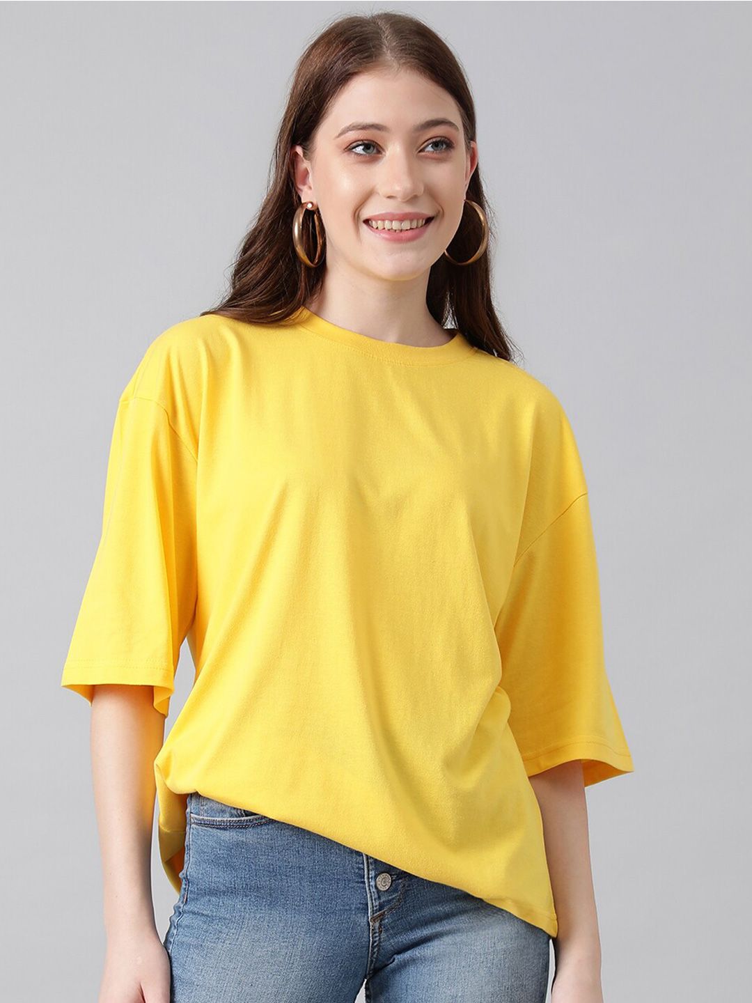 KOTTY Basics Round Neck Drop-Shoulder Sleeves Oversized T-shirt