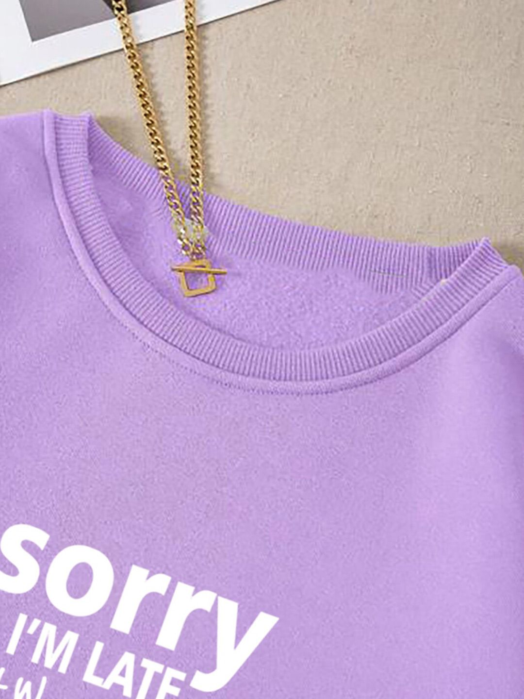 Kotty Purple Typography Printed Long Sleeves Fleece Pullover Sweatshirt