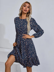 Kotty Navy Blue & Beige Abstract Printed Puff Sleeves Crepe Fit & Flare Dress
