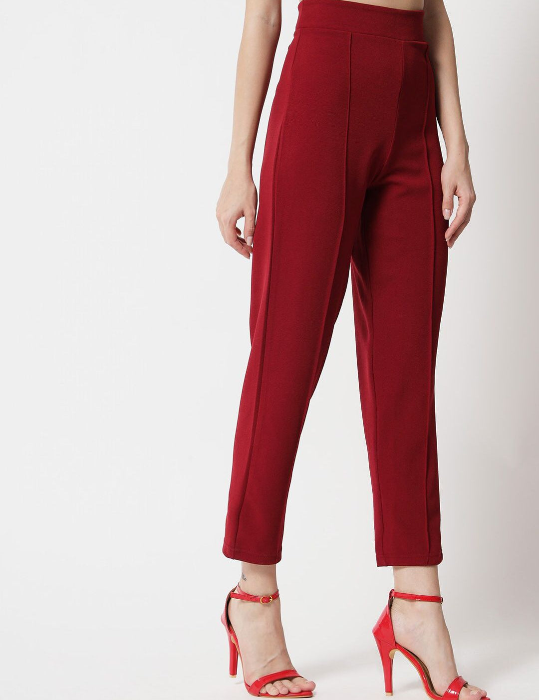 Kotty Women Maroon Cropped Relaxed Straight Fit High-Rise Easy Wash Pleated Trousers