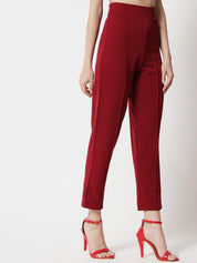 Kotty Women Maroon Cropped Relaxed Straight Fit High-Rise Easy Wash Pleated Trousers