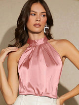 Kotty Pink High Neck Sleeveless Satin Top