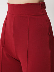 Kotty Women Maroon Cropped Relaxed Straight Fit High-Rise Easy Wash Pleated Trousers