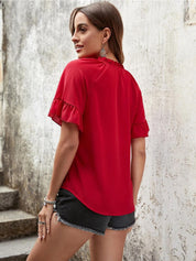 Kotty Red Tie-Up Neck Extended Ruffled Sleeve Regular Top
