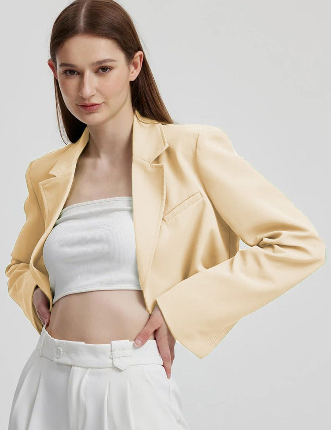 Kotty Beige Crop Notched Lapel Collar Regular Fit Blazer