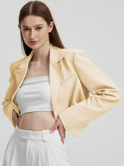 Kotty Beige Crop Notched Lapel Collar Regular Fit Blazer