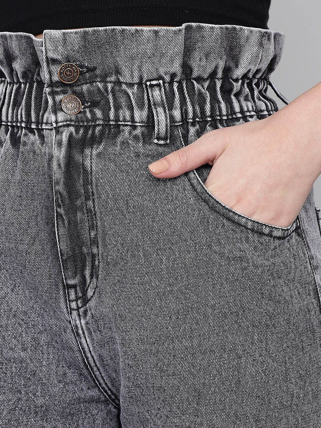 Kotty Women Charcoal Jean Boyfriend Fit High-Rise Heavy Fade Pure Cotton Jeans