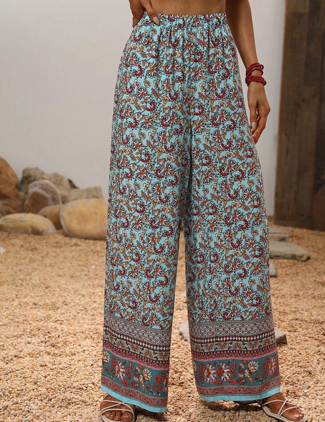 Kotty Women Blue Ethnic Motifs Printed Relaxed Straight Fit High-Rise Easy Wash Trousers