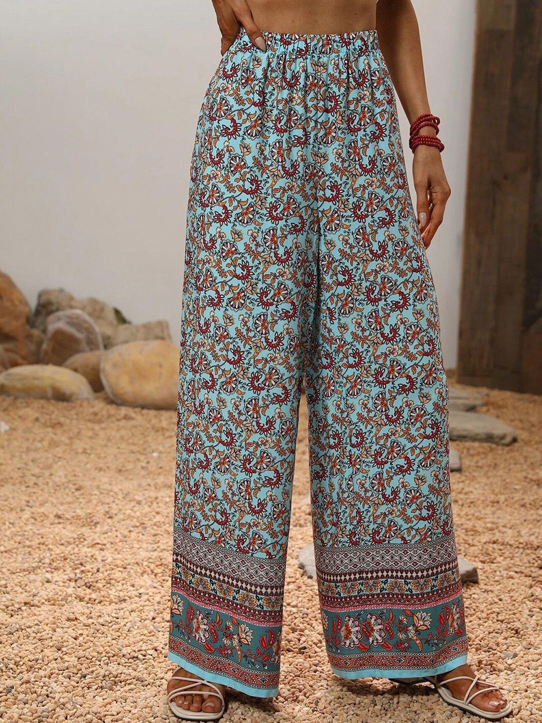 Kotty Women Blue Ethnic Motifs Printed Relaxed Straight Fit High-Rise Easy Wash Trousers