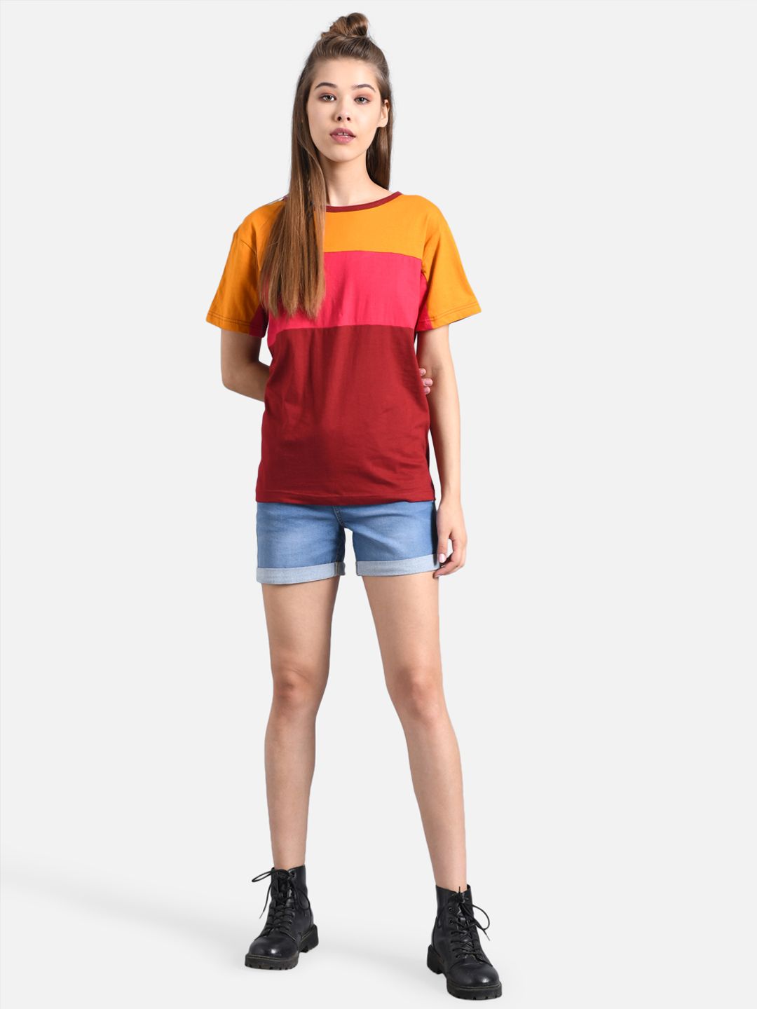 Kotty Women Yellow Colourblocked Round Neck T-shirt