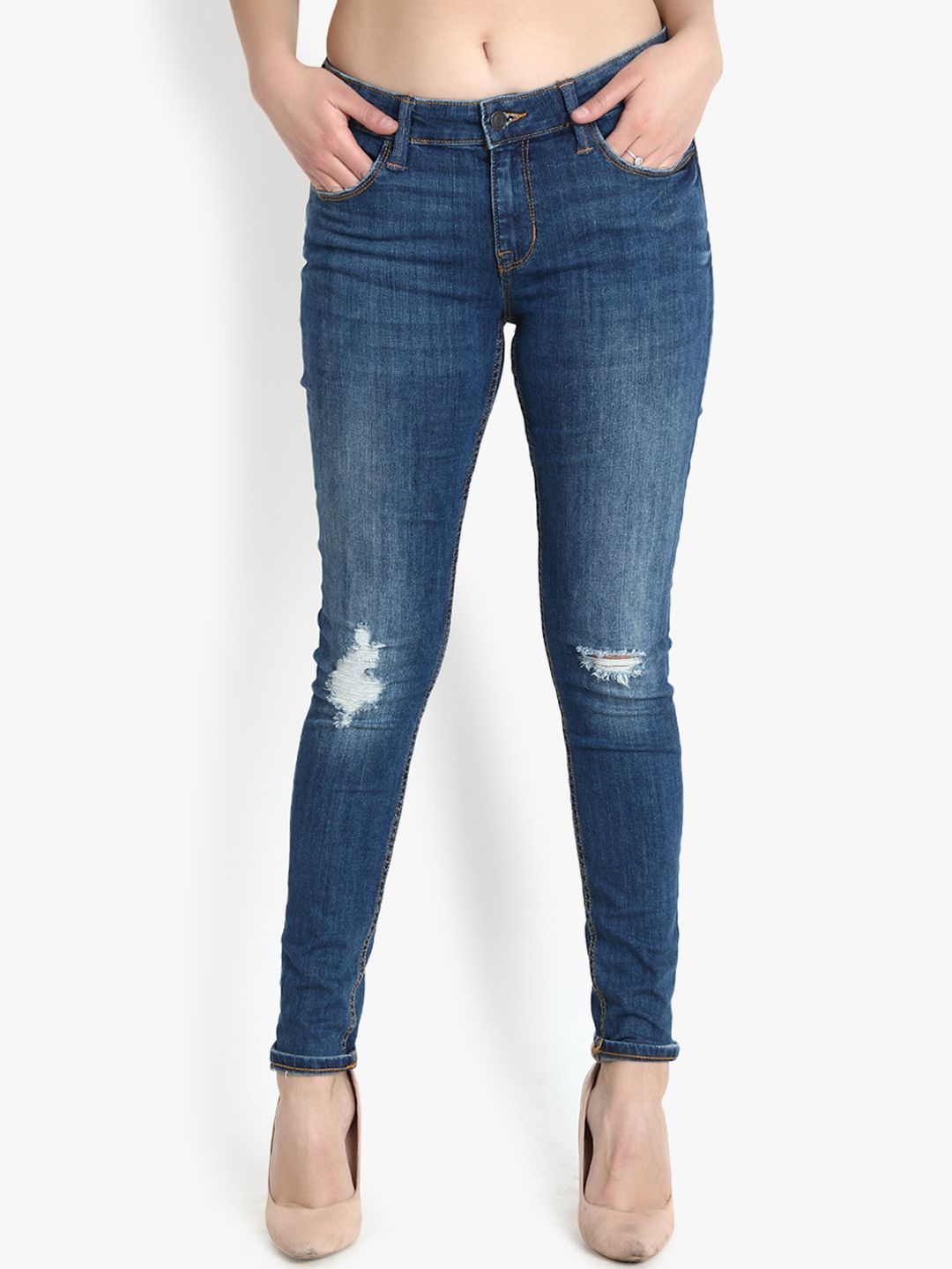 Kotty Women Blue Skinny Fit Mid-Rise Mildly Distressed Jeans