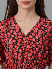 Kotty Red & Black Floral Printed Flared Sleeves Wrap Longline Top