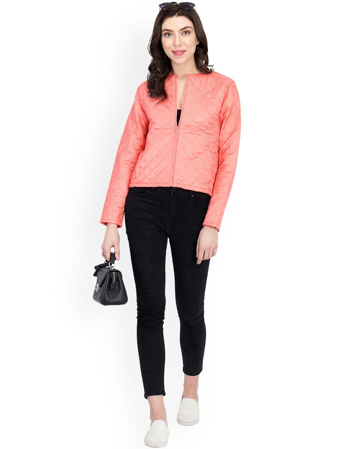 Kotty Women Pink Self Design Quilted Jacket