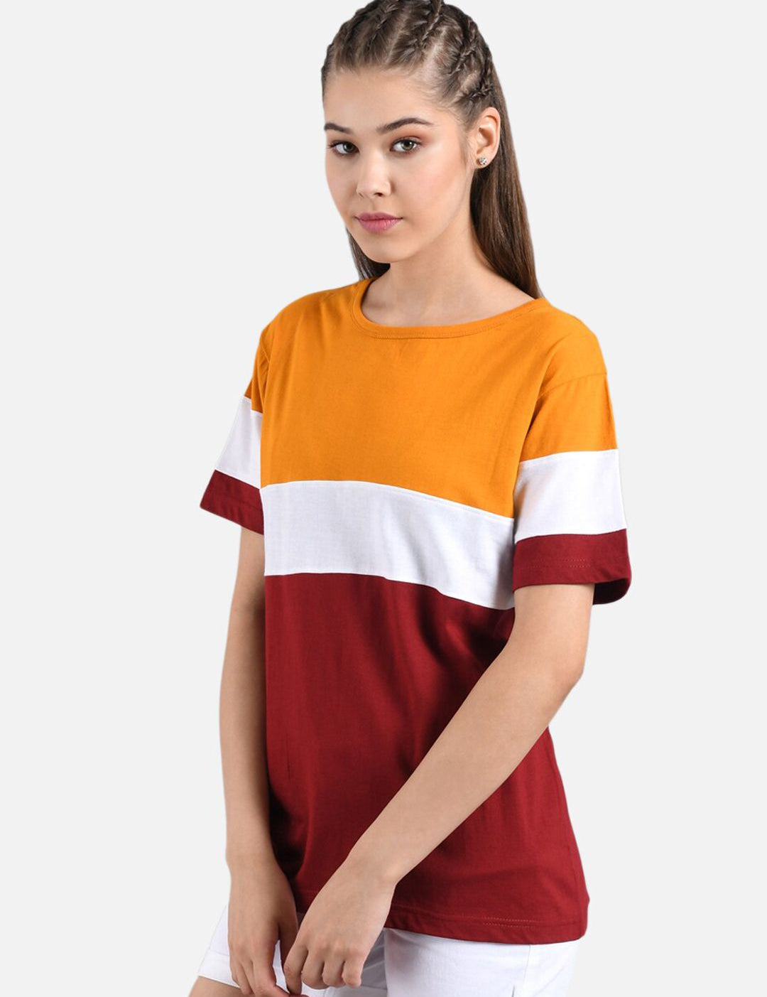 Kotty Women Orange & Maroon Colourblocked Round Neck T-shirt