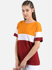 Kotty Women Orange & Maroon Colourblocked Round Neck T-shirt