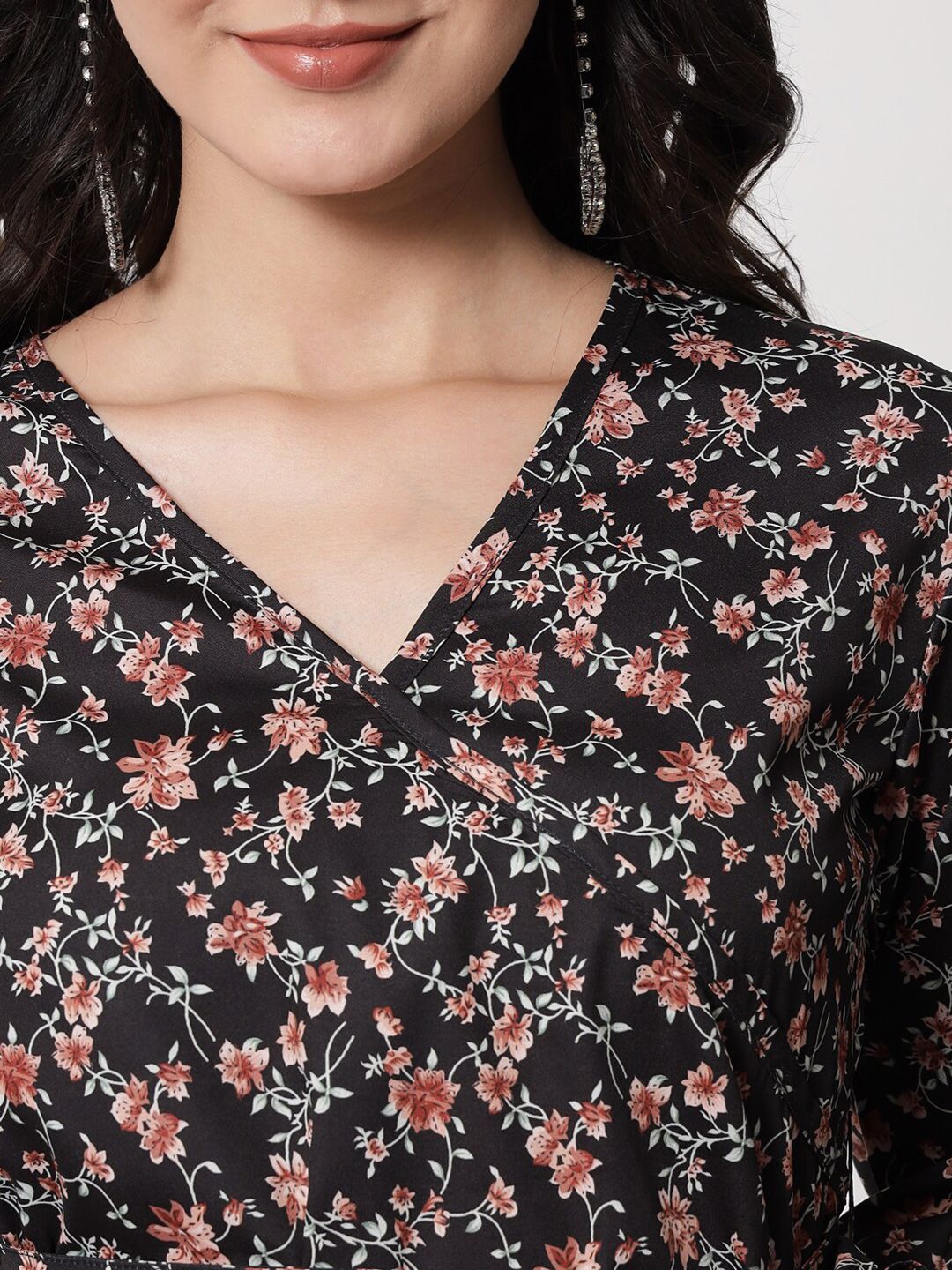 Kotty Floral Printed Puff Sleeves Wrap Top
