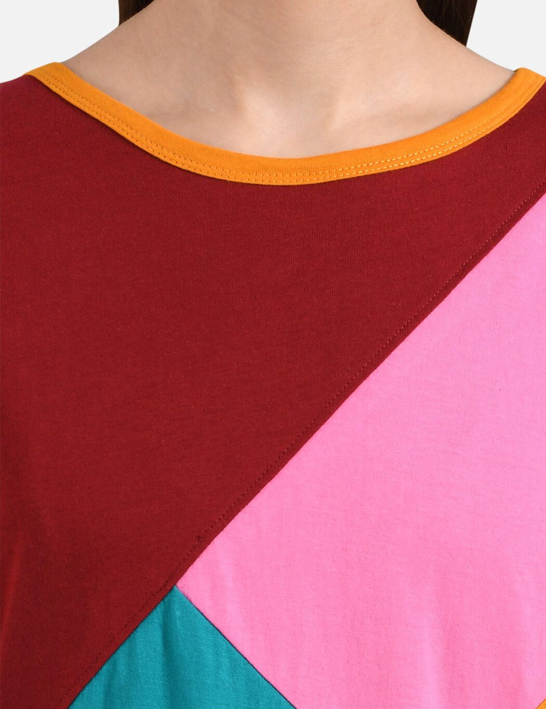 Kotty Women Orange & Maroon Colourblocked Round Neck T-shirt