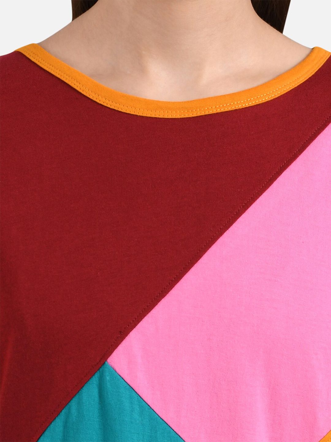 Kotty Women Orange & Maroon Colourblocked Round Neck T-shirt