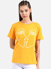 Kotty Women Yellow &White Printed Round Neck T-shirt