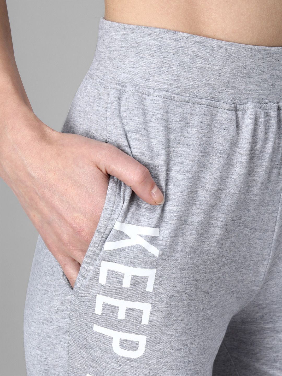 Kotty Women Grey Melange & White Printed Joggers