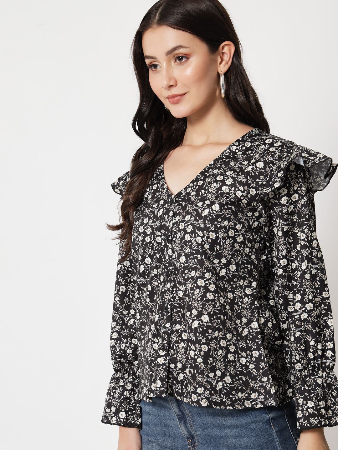 Kotty Floral Printed V-Neck Crepe Top