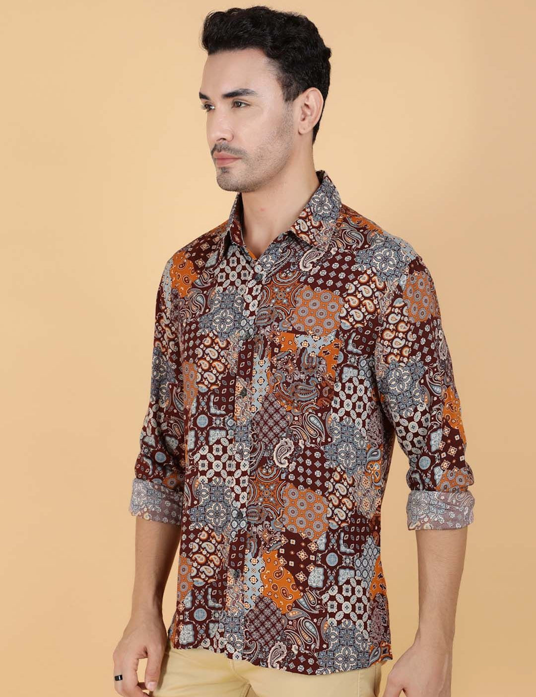 Kotty Men Relaxed Spread Collar Graphic Printed Cotton Casual Shirt