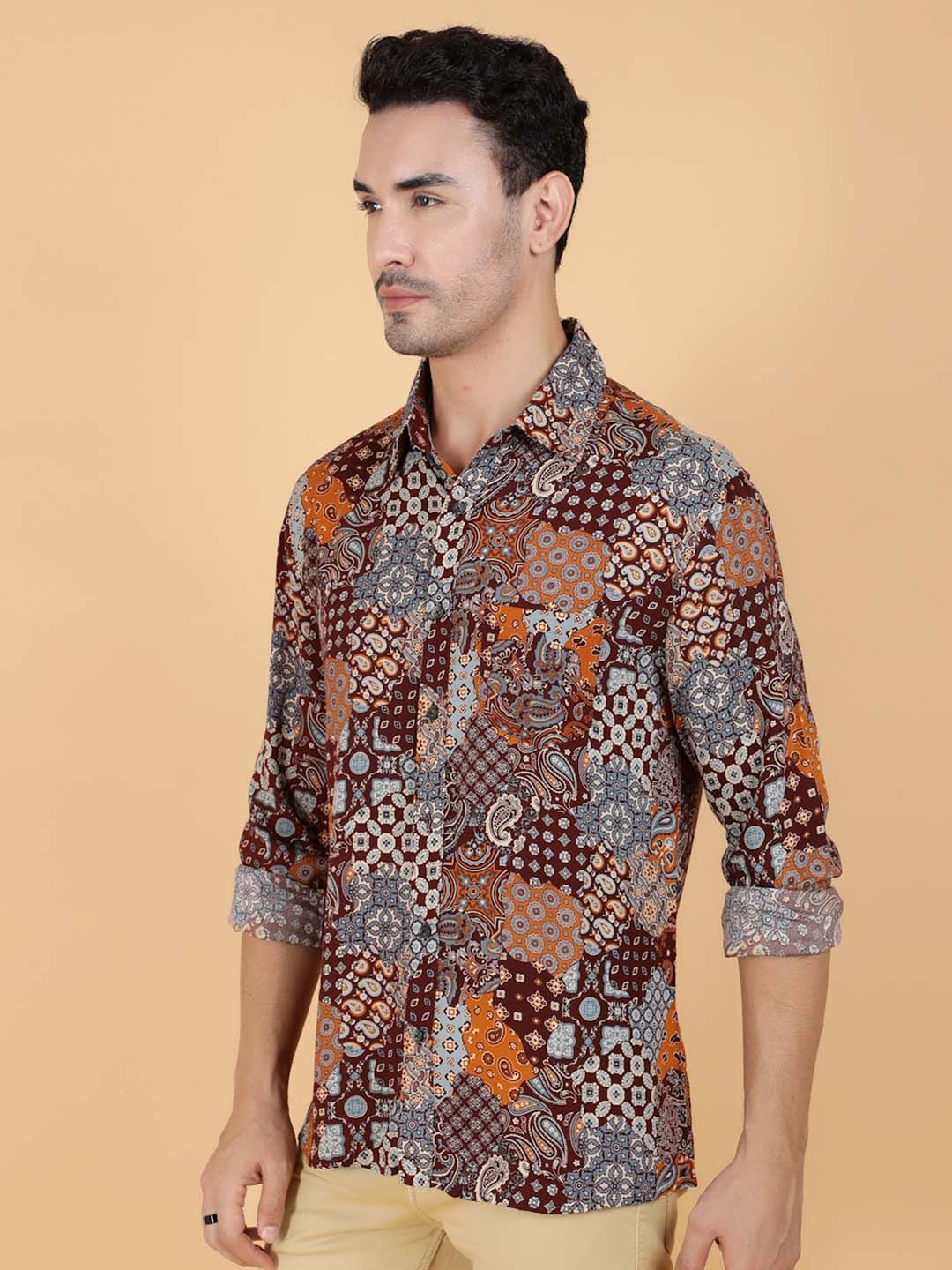 Kotty Men Relaxed Spread Collar Graphic Printed Cotton Casual Shirt