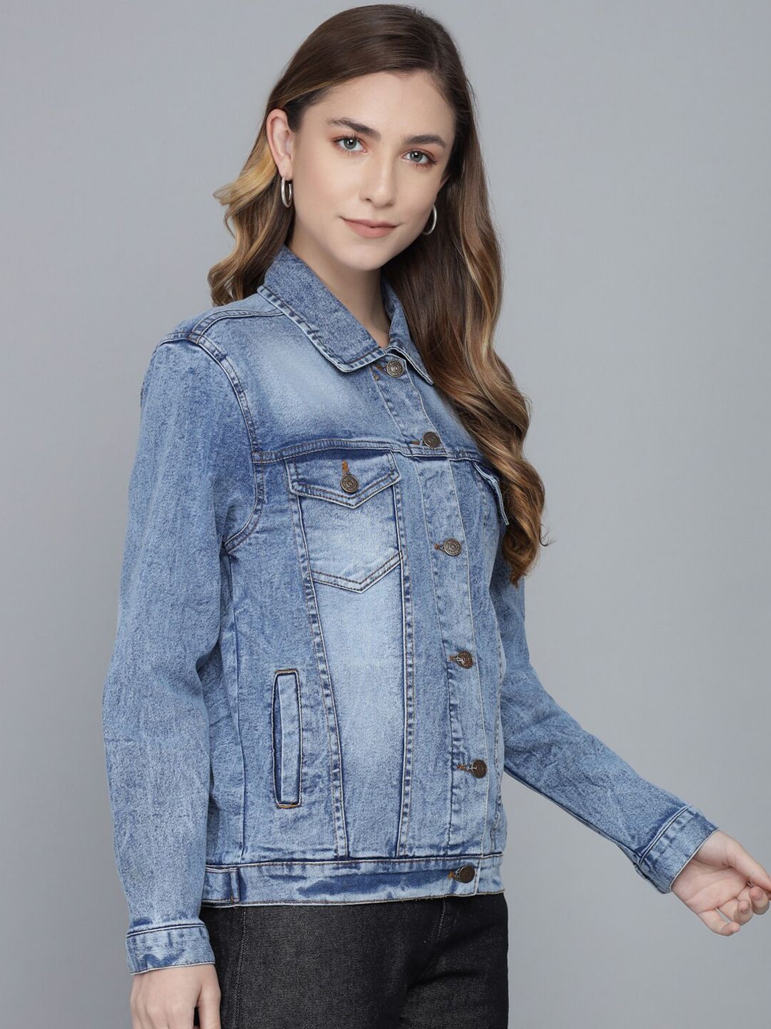 Kotty Women Blue Washed Lightweight Denim Jacket with Patchwork
