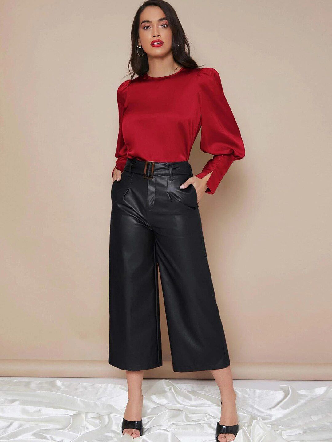 Kotty Red Puff Sleeves Satin Top