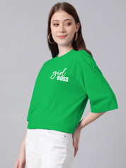 Kotty Typography Printed Round Neck Drop-Shoulder Sleeves Oversized T-shirt