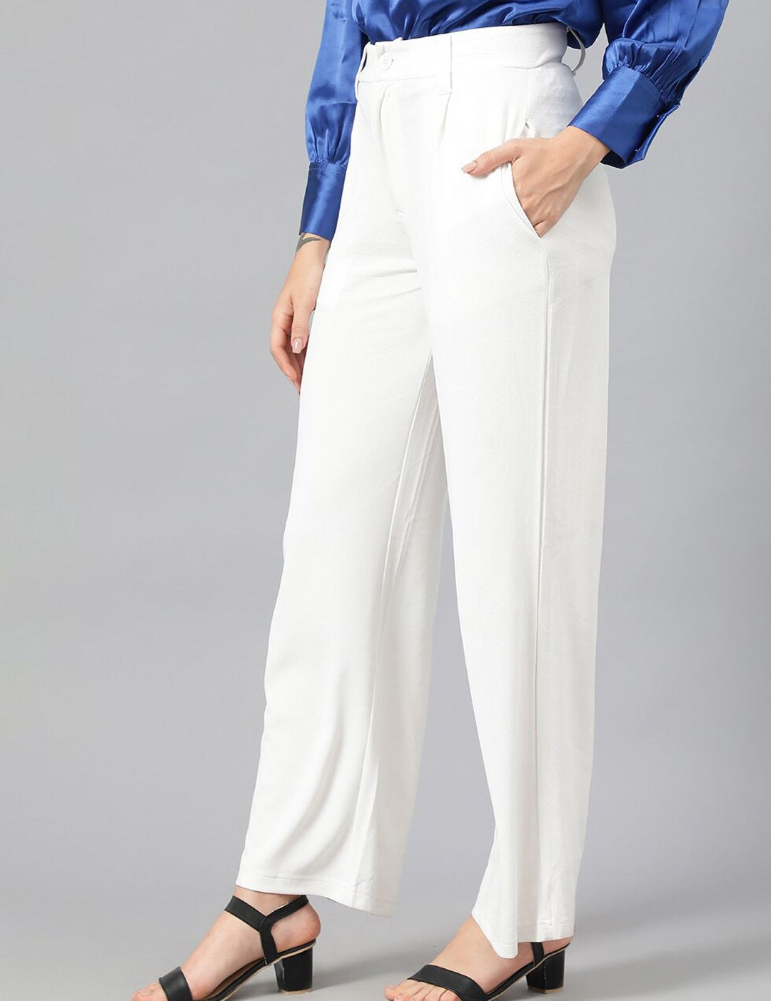 Kotty Women White Relaxed Straight Leg Fit High-Rise Easy Wash Pleated Parallel Trousers