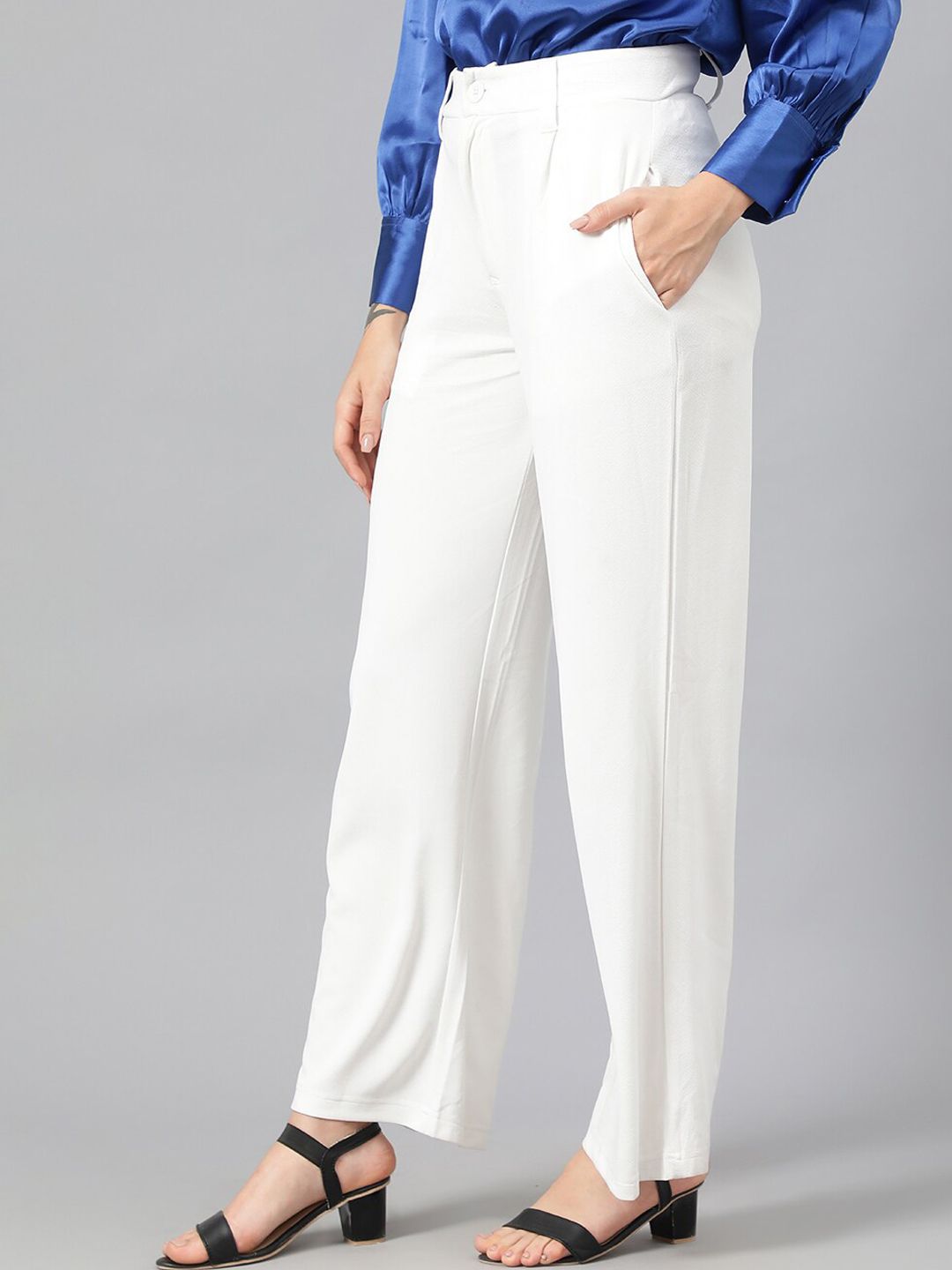 Kotty Women White Relaxed Straight Leg Fit High-Rise Easy Wash Pleated Parallel Trousers