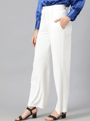 Kotty Women White Relaxed Straight Leg Fit High-Rise Easy Wash Pleated Parallel Trousers
