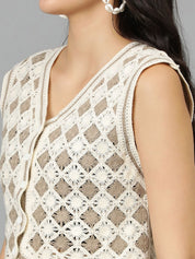 Kotty Geometric Self Design Crochet V-Neck High-Low Crop Top