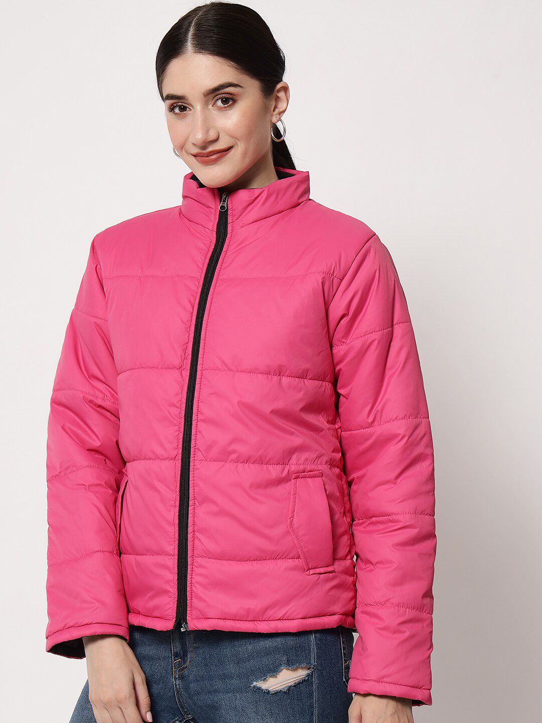 Kotty Women Pink Solid Polyester Puffer Jacket