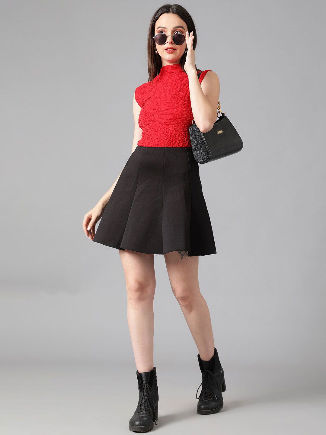 Kotty High Neck Self Design Satin Crop Top