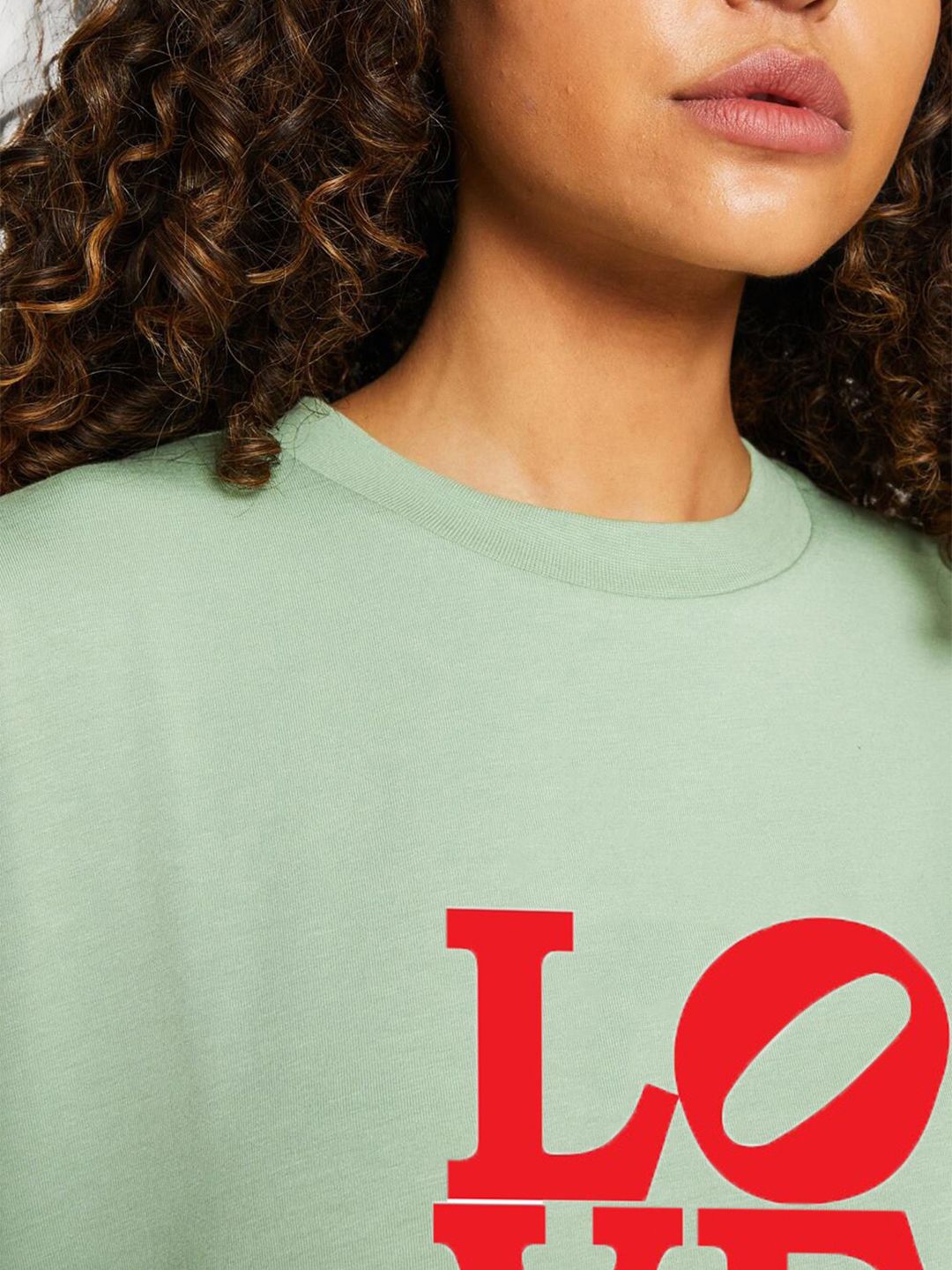 Kotty Green Typography Printed Drop-Shoulder Sleeves Oversized Cotton T-shirt