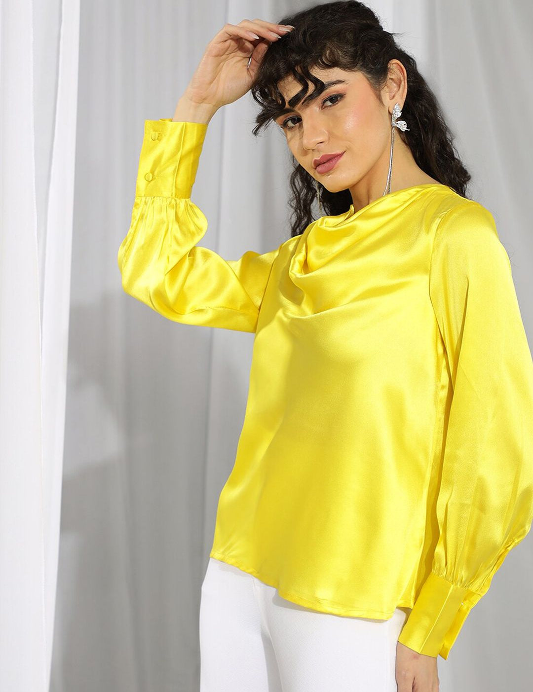 Kotty Yellow Cowl Neck Cuffed Sleeves Satin Top