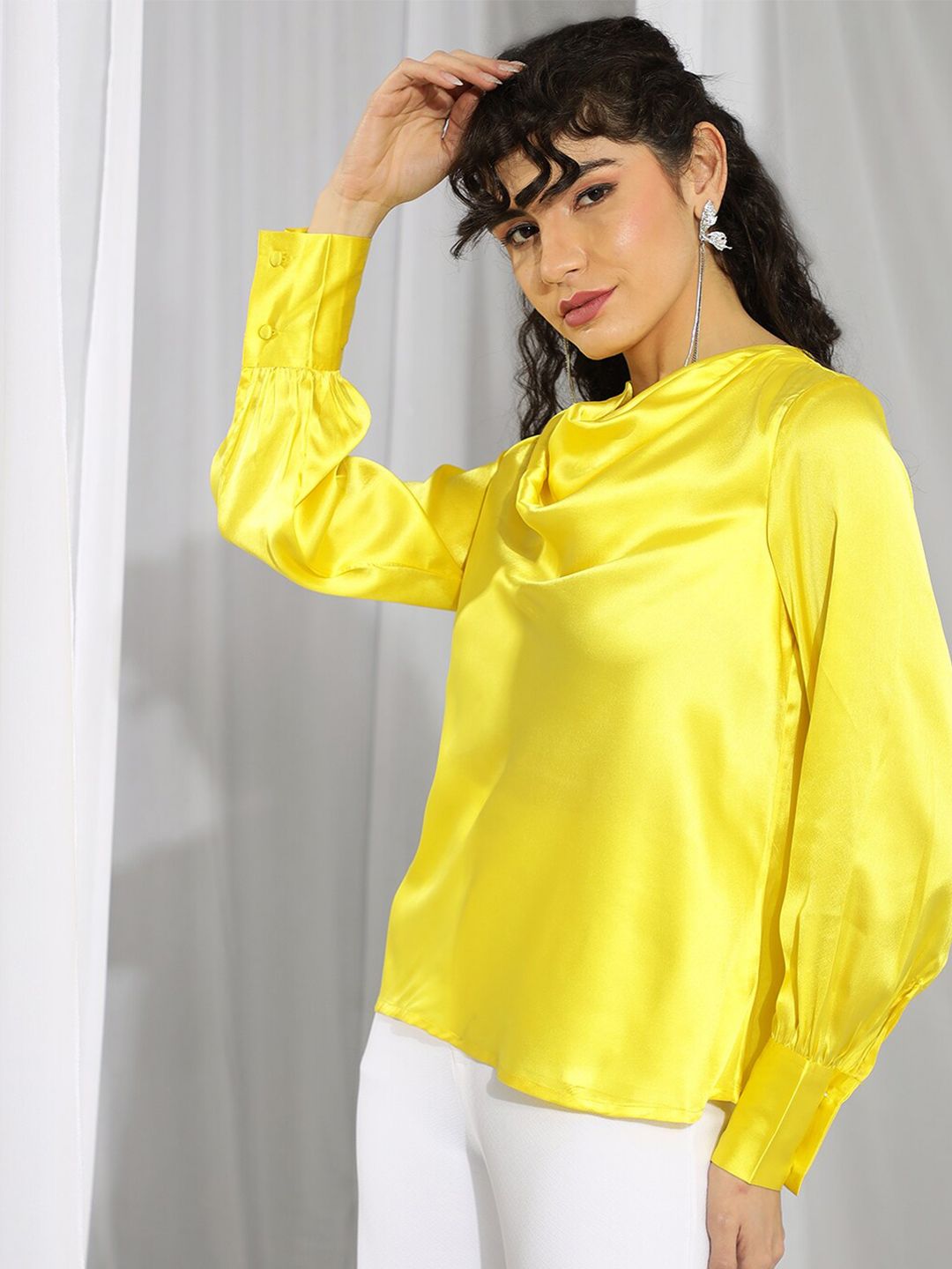 Kotty Yellow Cowl Neck Cuffed Sleeves Satin Top