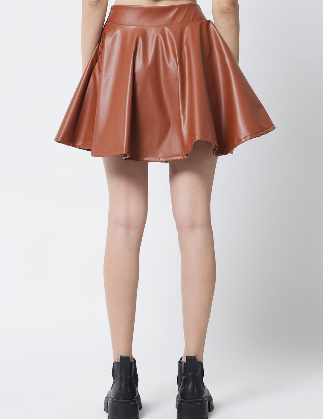 Kotty Women Brown Solid Flared Leather Mini Skirt