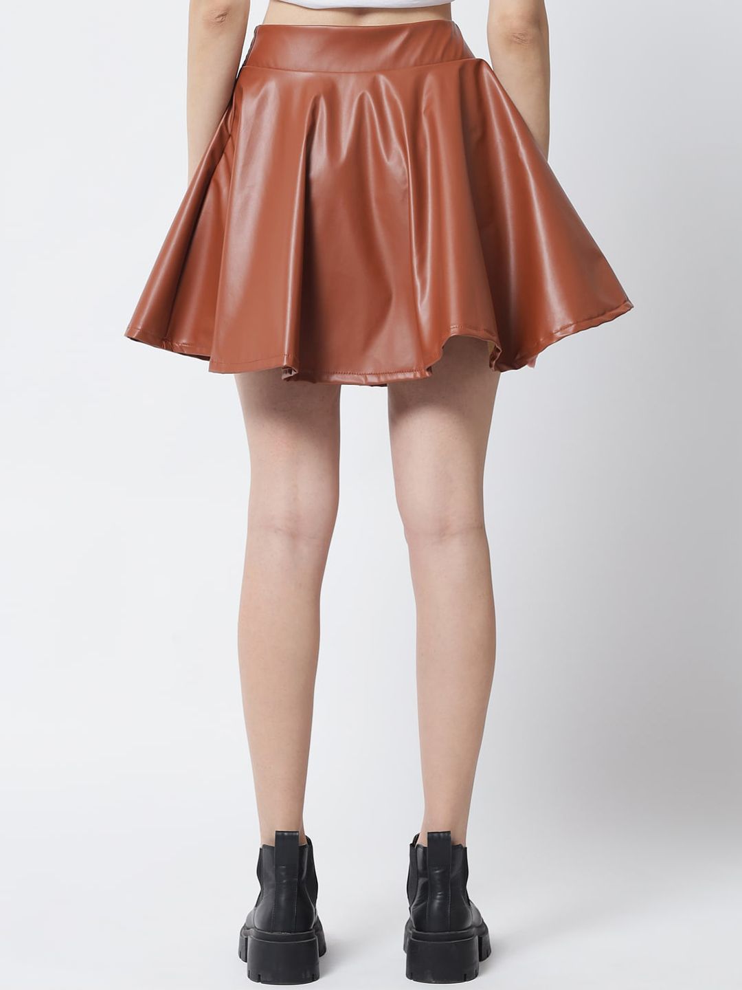 Kotty Women Brown Solid Flared Leather Mini Skirt