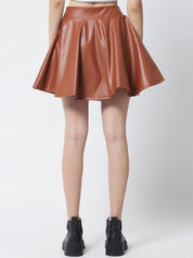 Kotty Women Brown Solid Flared Leather Mini Skirt