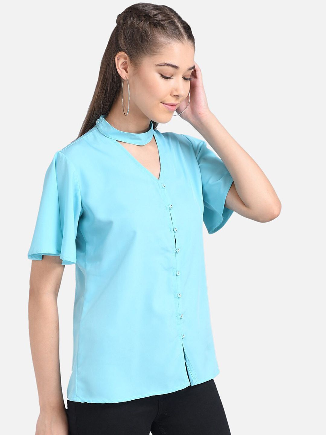 Kotty Women Turquoise Blue Solid Pure Cotton Top