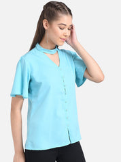 Kotty Women Turquoise Blue Solid Pure Cotton Top