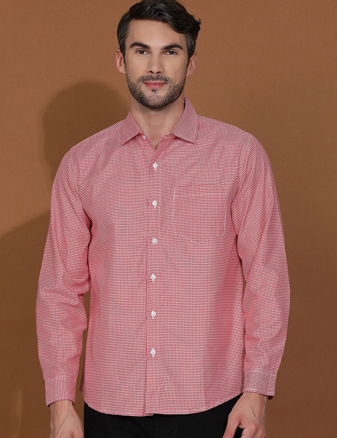 Kotty Red & White New Micro Checks Spread Collar Casual Shirt