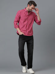 Kotty Pink & Red New Checked Spread Collar Casual Shirt